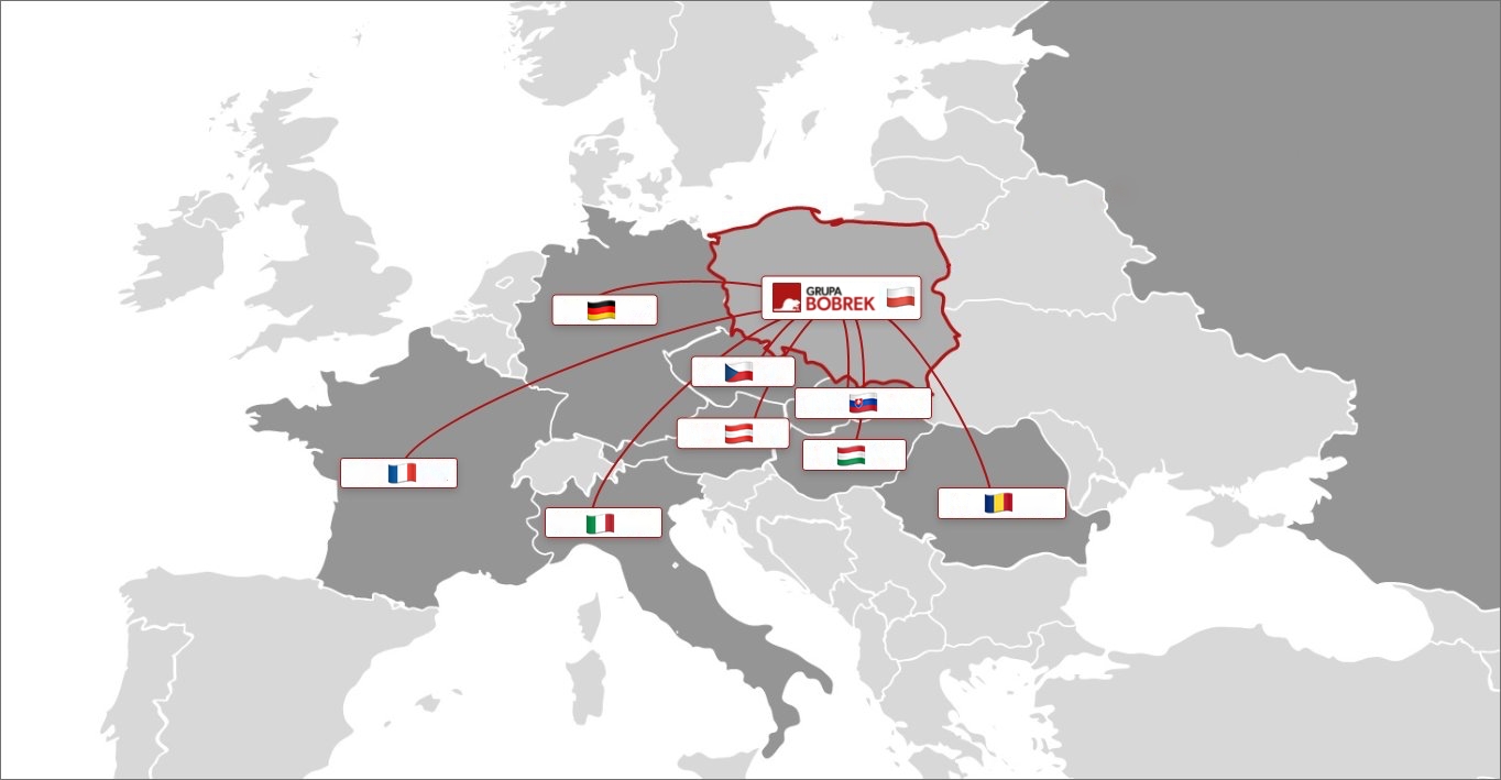 Mapa Europy, na której zaznaczone są kraje importujące produkty Bobrek.